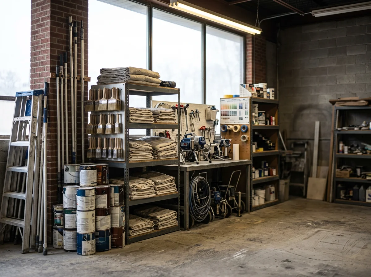 Industrial workshop with tools, equipment, and materials organized for construction and maintenance work.