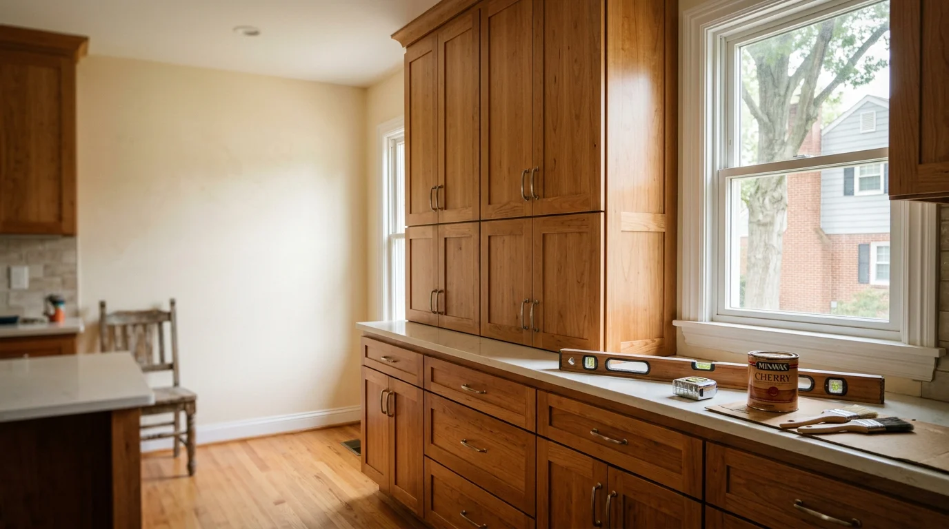 Carpenter installing custom cabinetry in kitchen