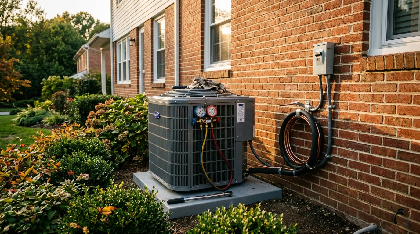 HVAC technician servicing air conditioning unit