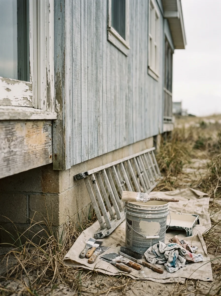 A painter preparing the weathered wood siding of a coastal Delaware beach house for repainting, with visible salt-air chalking and peeling on the existing surface.