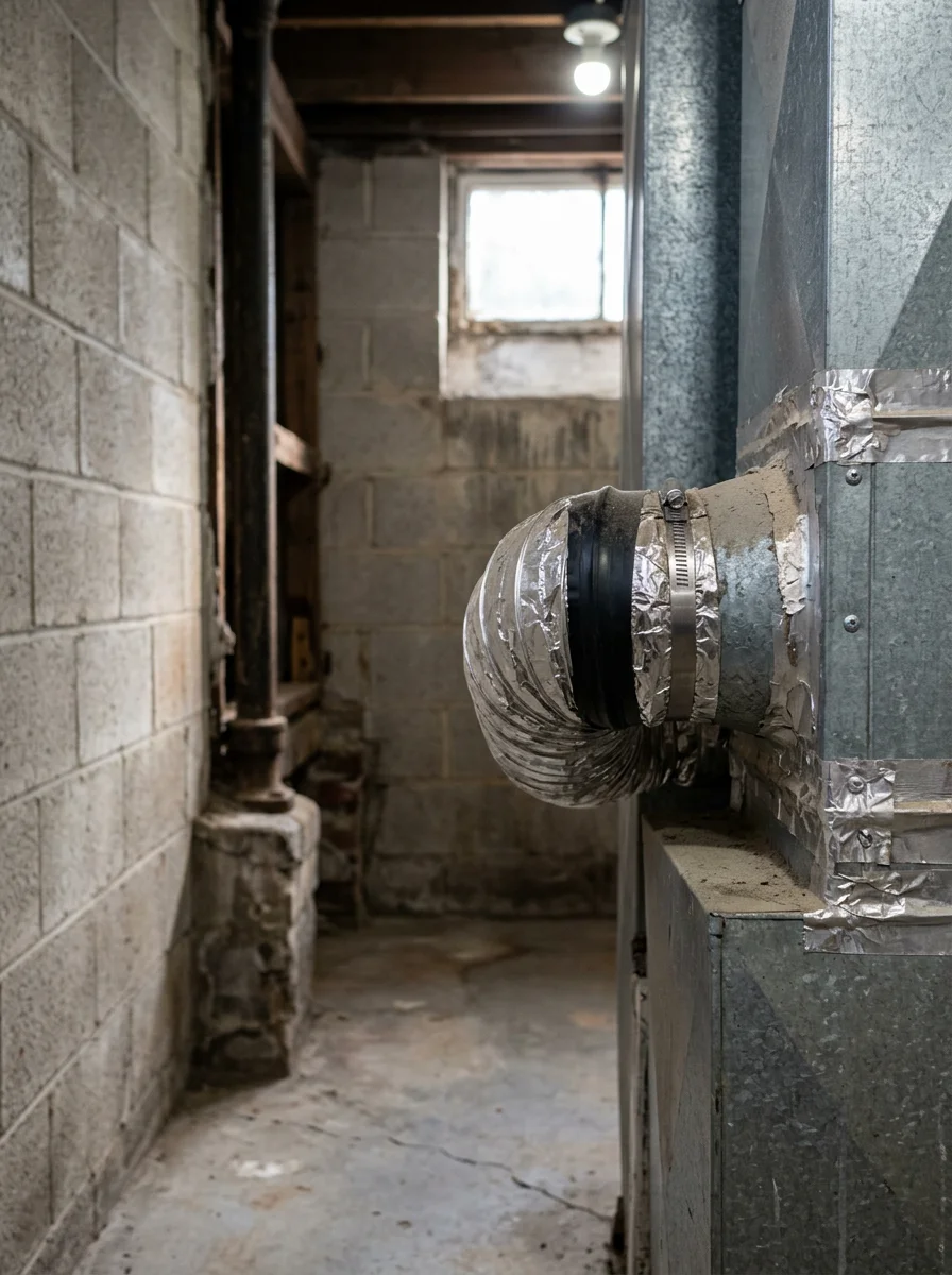 Close-up of a licensed technician checking HVAC ductwork connections in the basement of an older Maryland home with exposed concrete block walls.