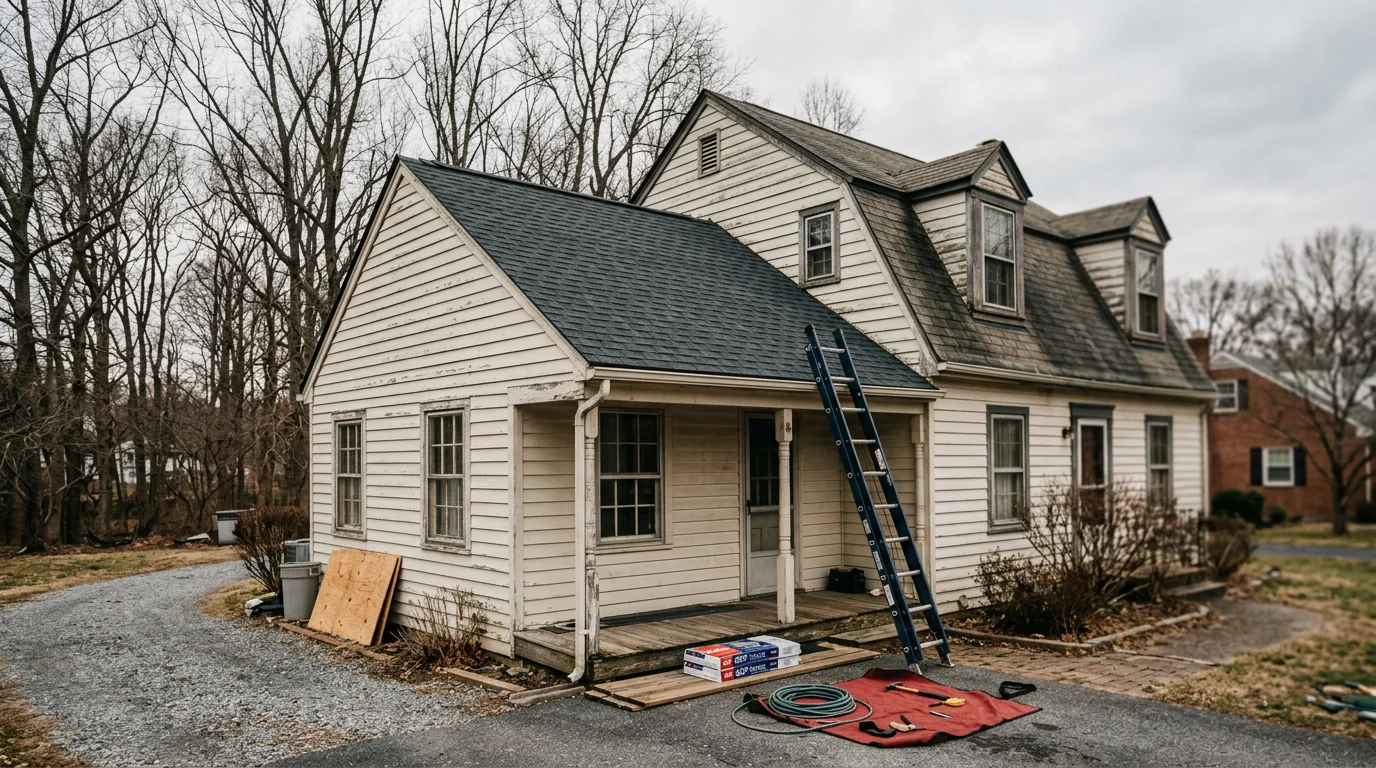 A roofer inspecting asphalt shingles on a two-story colonial home in Harford County, Maryland, with bare winter trees visible in the background.
