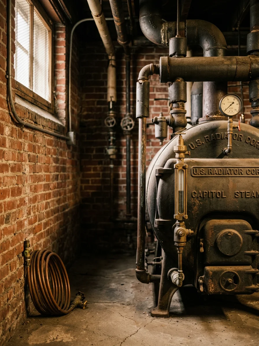 A technician inspecting a steam boiler in the basement of a pre-war New York City multi-family building with exposed brick walls and original cast-iron piping.