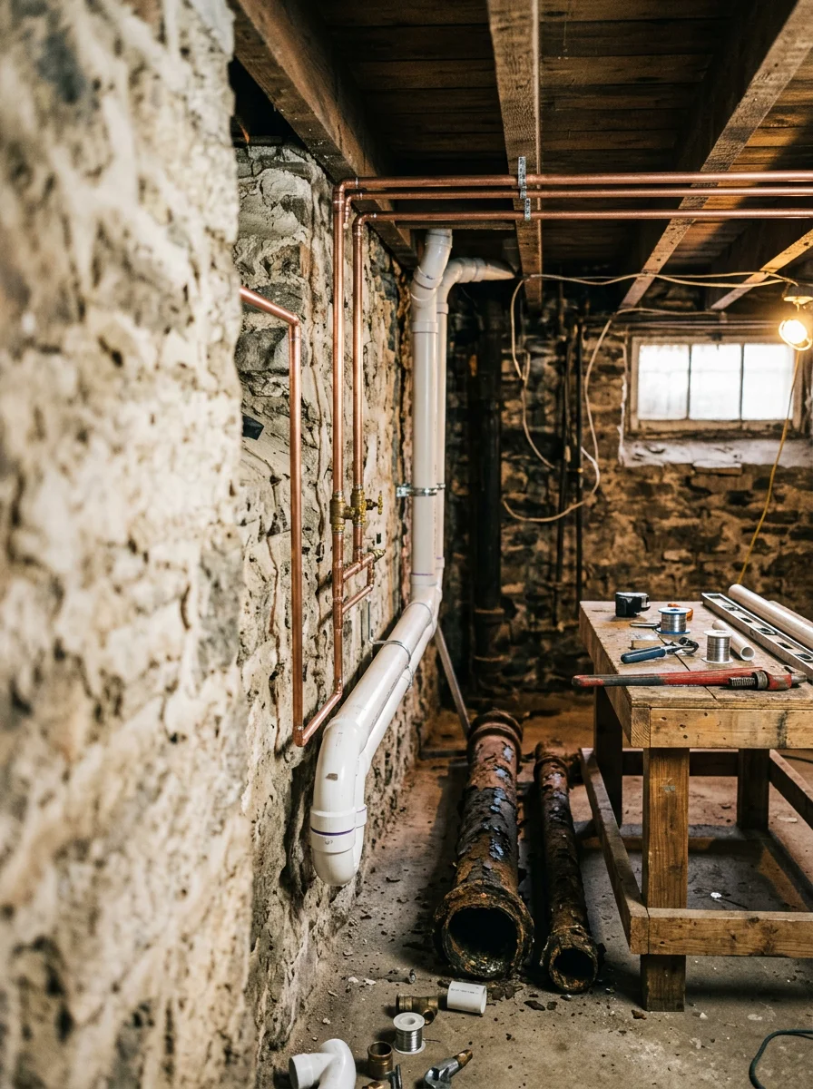 A plumber replacing corroded cast-iron drain lines in the basement of an older Pennsylvania row home with stone foundation walls and exposed floor joists.