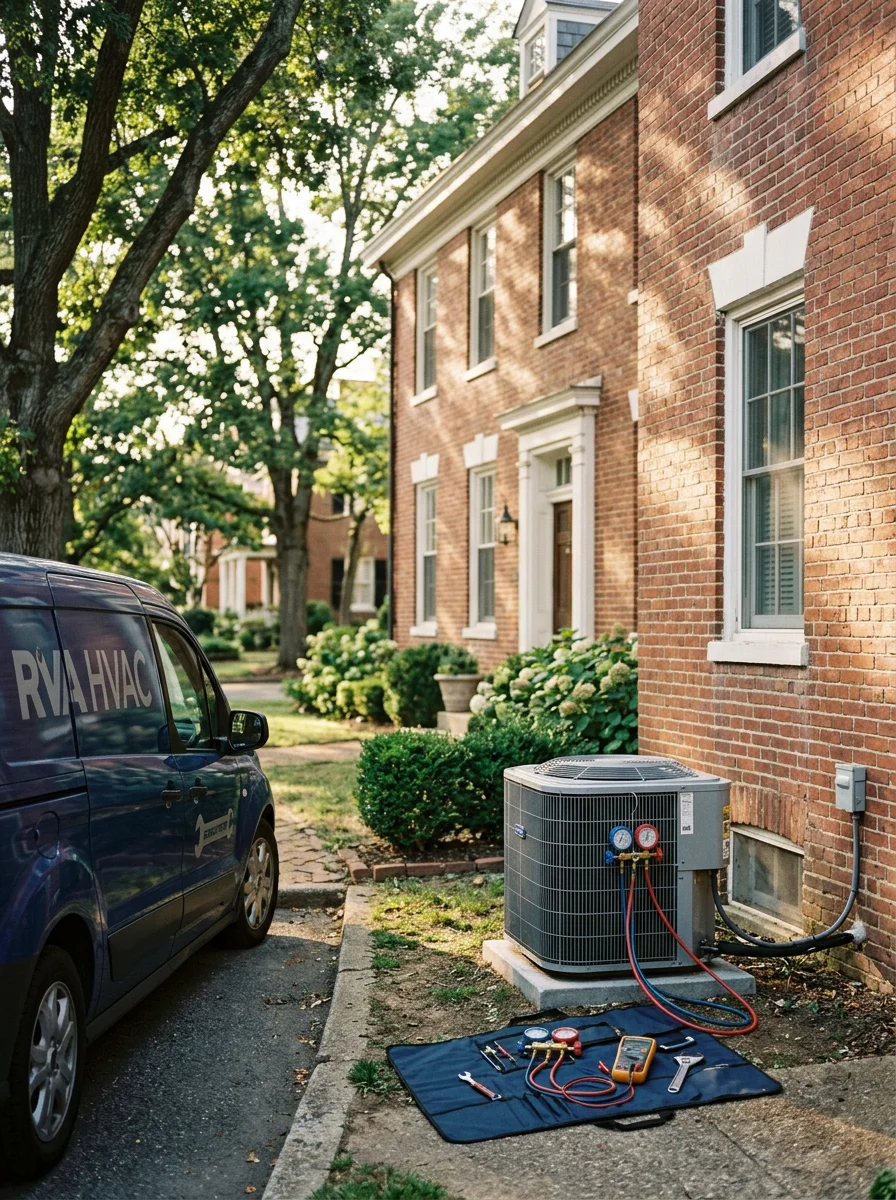 A technician servicing an HVAC unit mounted on the side of an older brick home in Richmond, Virginia, with mature trees visible in the background.