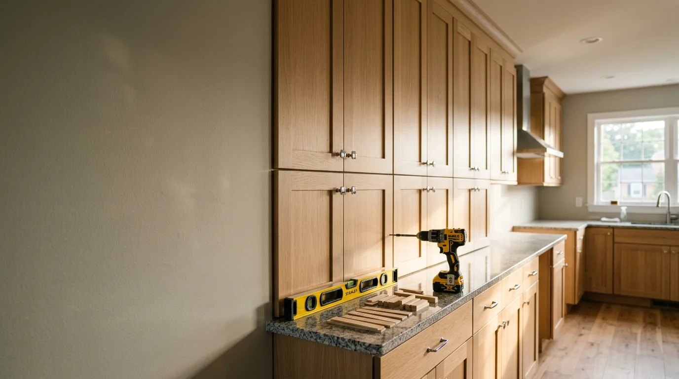 Freshly installed kitchen cabinets in a Maryland home, showing level upper and lower cabinet runs with aligned doors and clean wall-to-cabinet seams. A licensed carpenter from Consolidated Industries Inc checks cabinet alignment during installation.