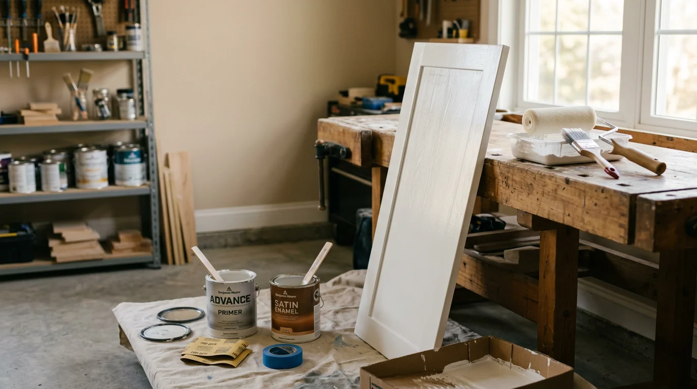 Freshly painted white kitchen cabinets in a Maryland home with clean brush and roller marks absent, showing a smooth professional finish on cabinet doors and drawer fronts. Close-up view highlights even coverage on cabinet frames in a residential kitchen setting.