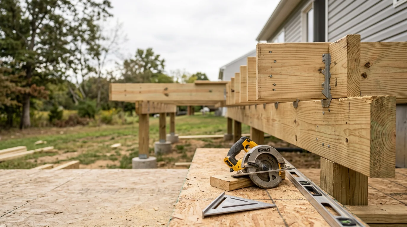A newly built wood-framed deck attached to the back of a Maryland residential home, showing clean railing lines and a multi-level platform layout. The structure sits on a graded backyard lot typical of Maryland suburban properties.