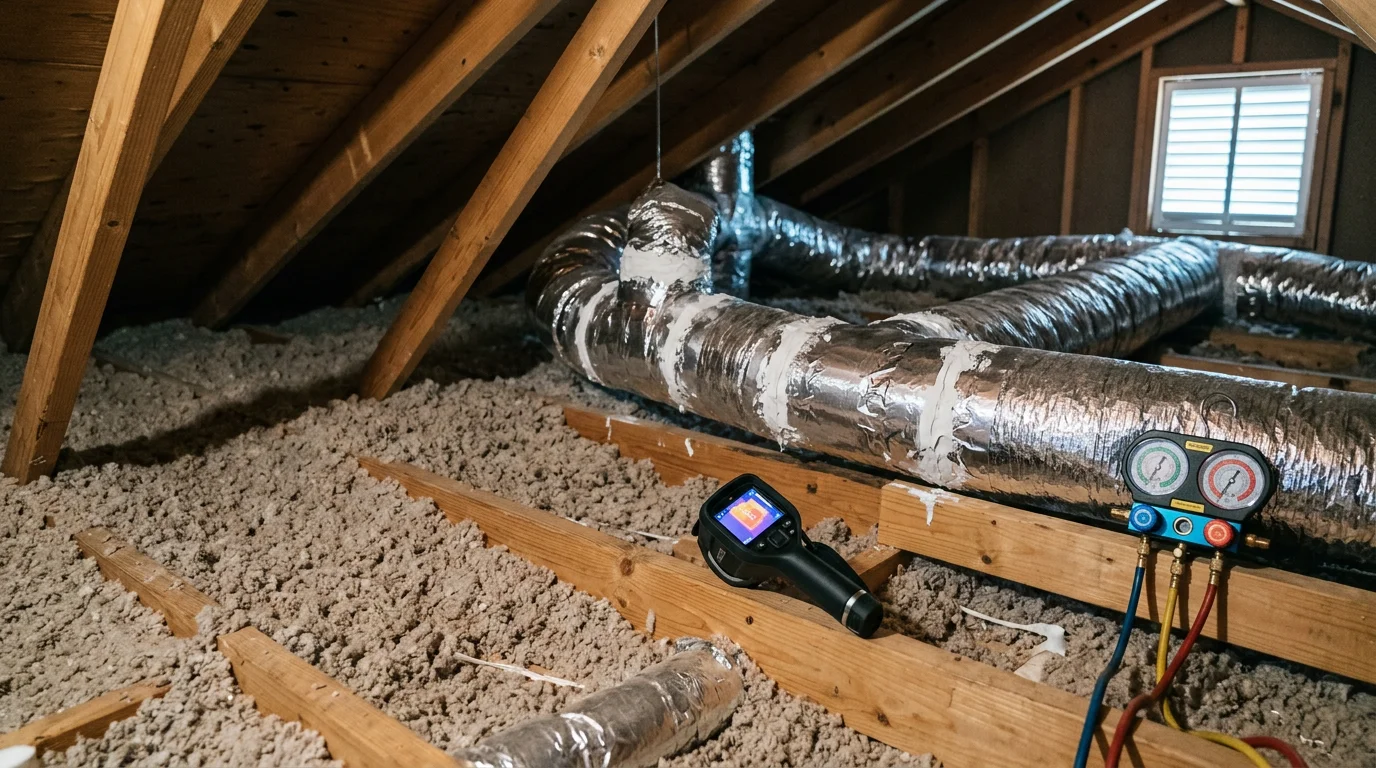 A licensed HVAC technician from Consolidated Industries Inc inspecting and sealing ductwork in the attic of a Maryland home. The image shows exposed metal duct sections with visible sealing work in progress.