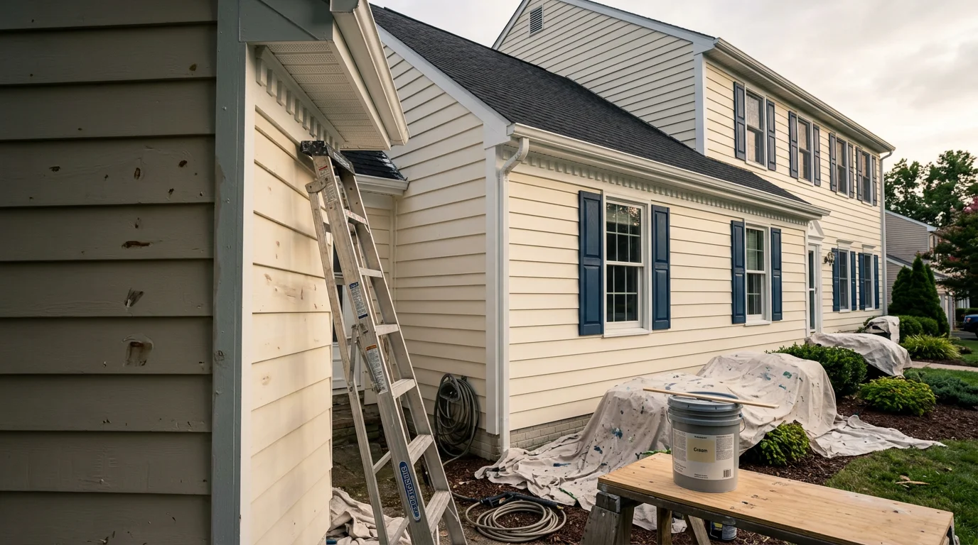 A freshly painted home exterior in Maryland with clean siding and crisp trim. Consolidated Industries Inc exterior painting work shown on a residential property.