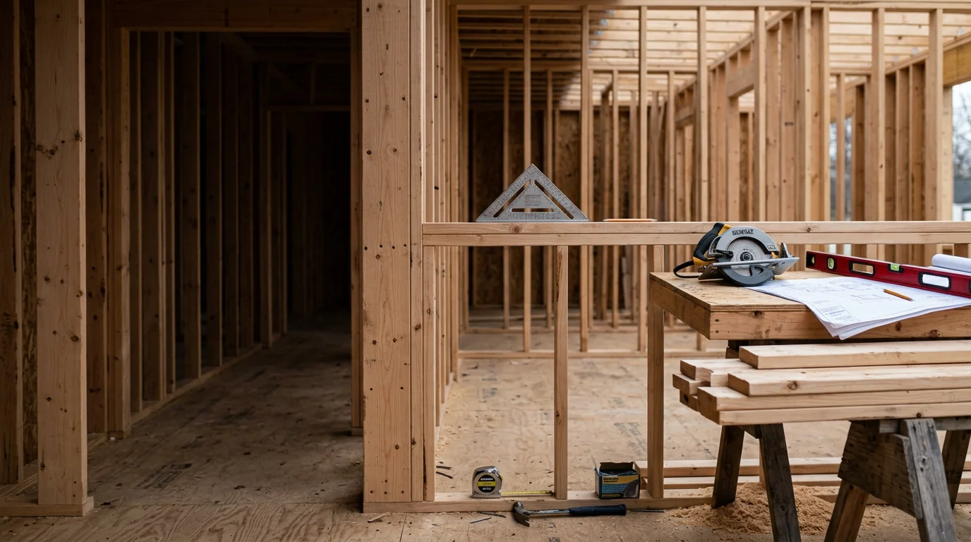A framing carpenter installing wood wall studs inside a Maryland residential addition, with floor joists and open framing visible throughout the unfinished interior space.