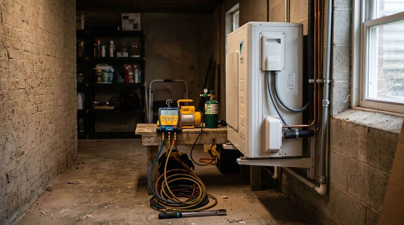 A licensed HVAC technician completing a new system installation at a Maryland residential property. The image shows indoor air handling equipment being connected and commissioned in a home utility area.