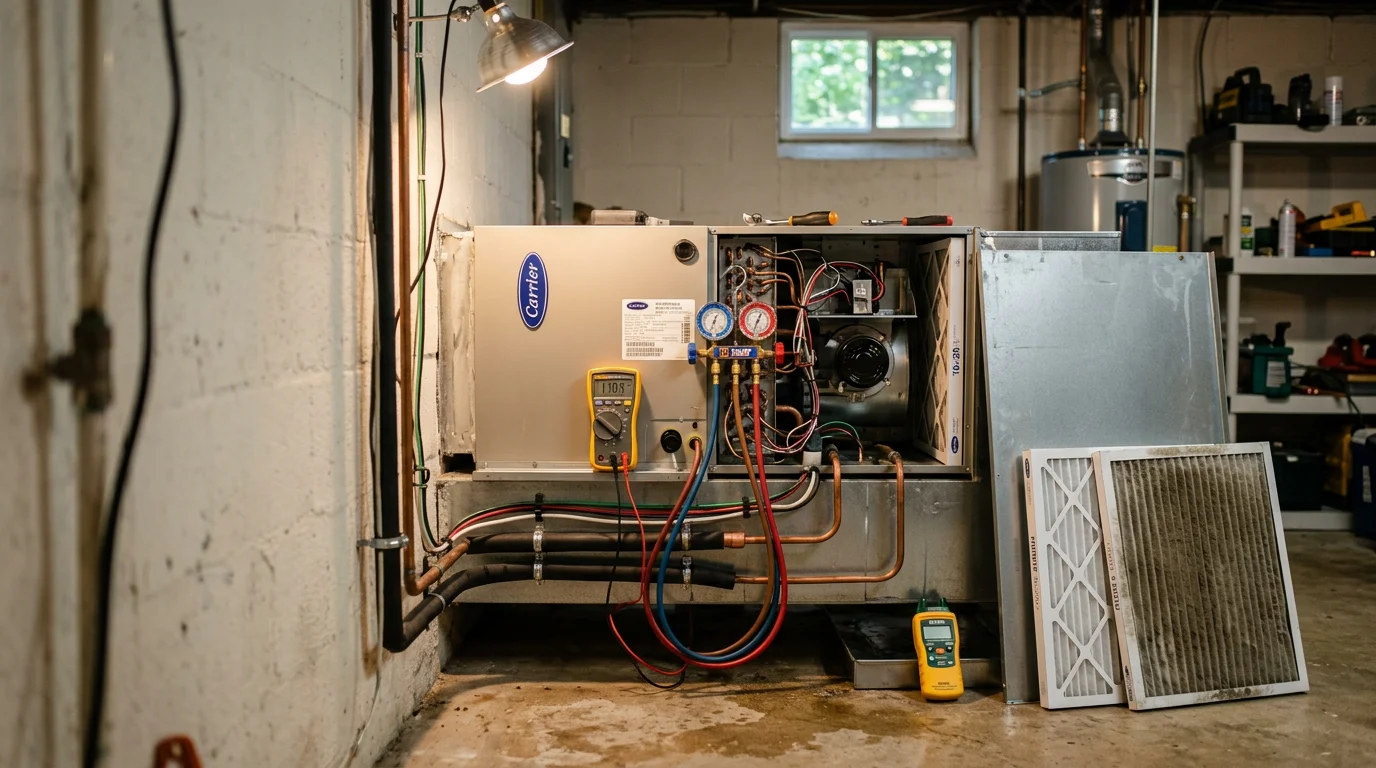 A licensed HVAC technician inspecting and cleaning an outdoor condenser unit at a Maryland residential property. The technician checks coil condition and electrical connections during a routine maintenance visit.