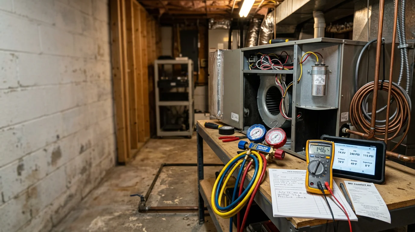 A licensed HVAC technician inspecting an outdoor air conditioning unit at a Maryland residential property. The technician is checking refrigerant lines and electrical connections on a system showing signs of wear from seasonal use.