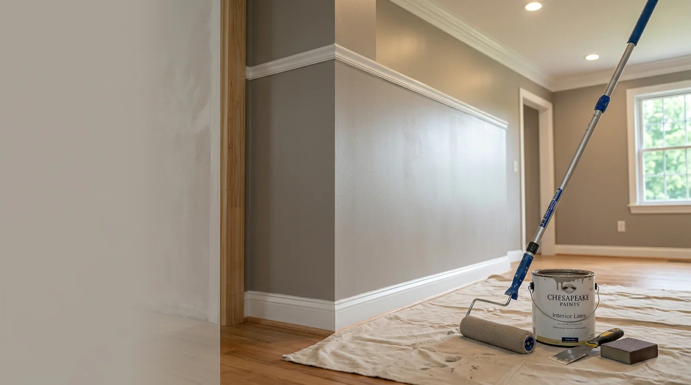 A freshly painted interior living room in a Maryland home, showing smooth, even walls in a neutral color with clean edges along the ceiling and baseboards. A licensed painter from Consolidated Industries Inc applies a second coat to a bedroom wall in a Maryland residential property.