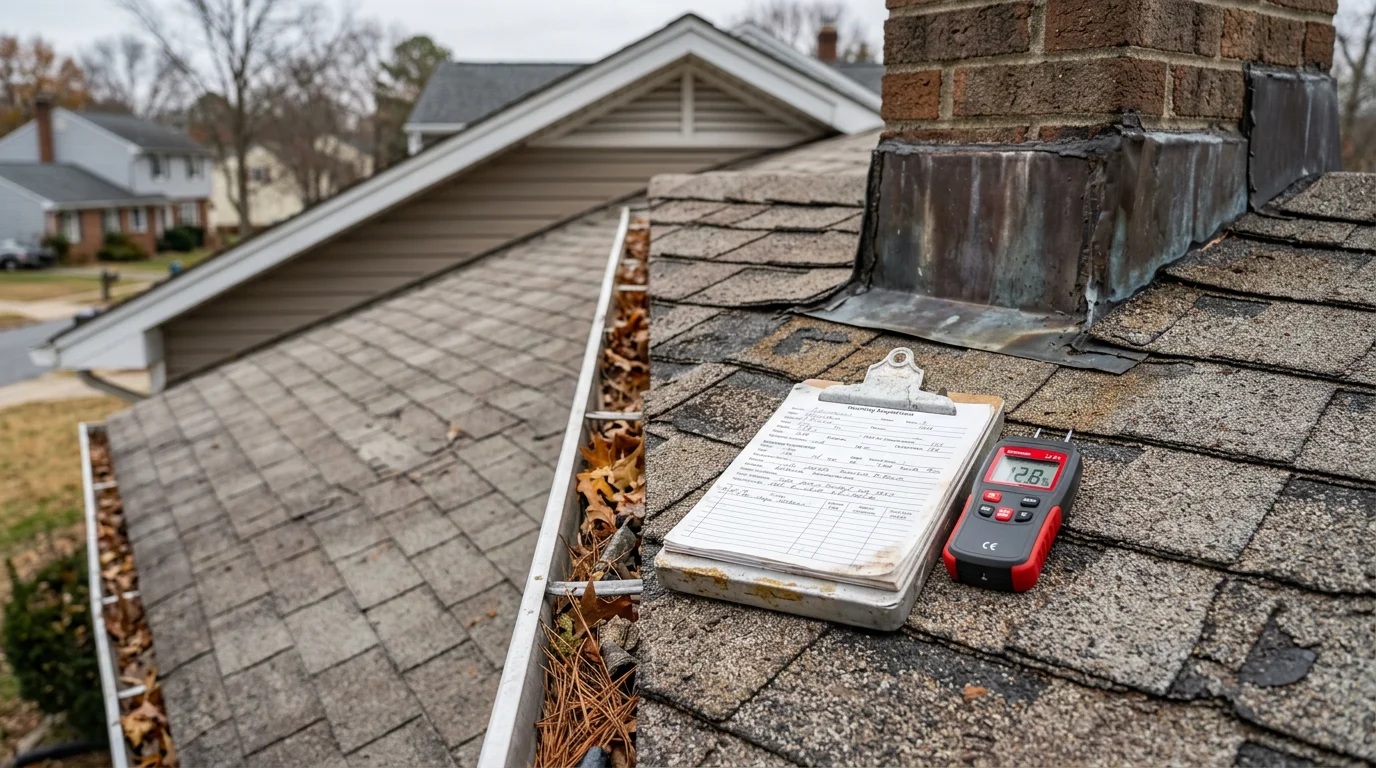 A licensed roofing contractor from Consolidated Industries Inc inspecting shingles and flashing on a residential roof in Maryland. The inspector examines the roof surface and drainage components on a clear day.