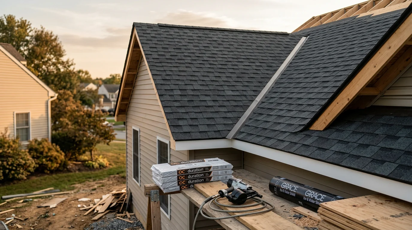 A completed roof installation on a Maryland residential home showing full shingle coverage, ridge line, and properly finished eaves. The surrounding landscape reflects a typical Maryland suburban neighborhood setting.