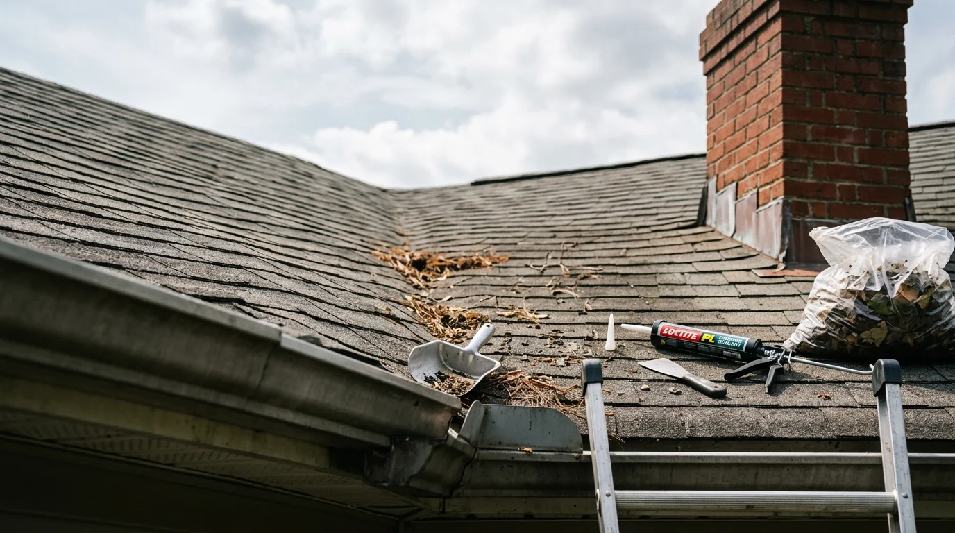 A licensed roofing contractor inspecting shingles and flashing on a residential roof in Maryland. The image shows a close-up of the roof surface with gutters cleared of debris and sealant checked around a chimney.