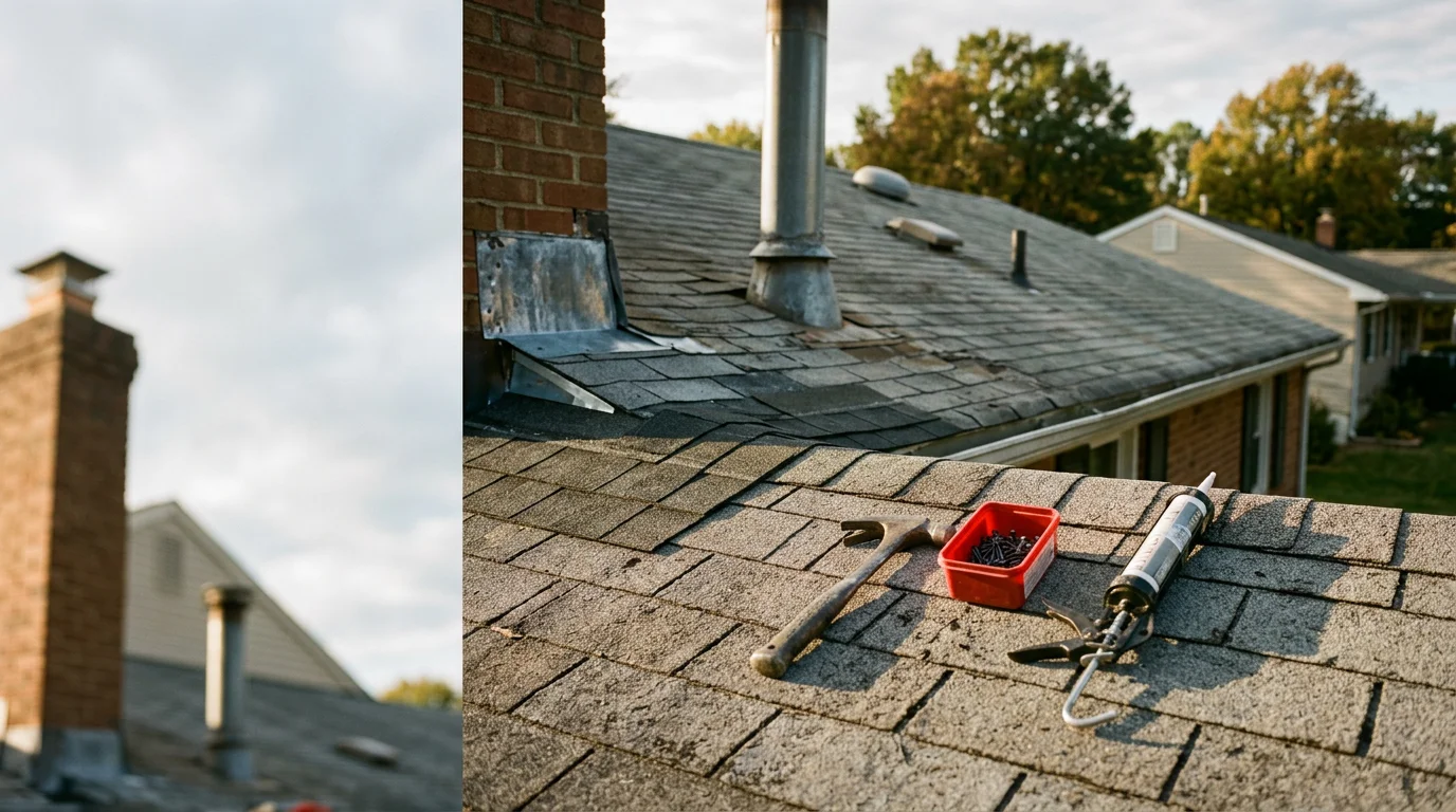 A licensed roofing contractor repairing damaged shingles and flashing on a residential roof in Maryland. Close-up view of the repair area showing replaced shingles and sealed flashing around a chimney.