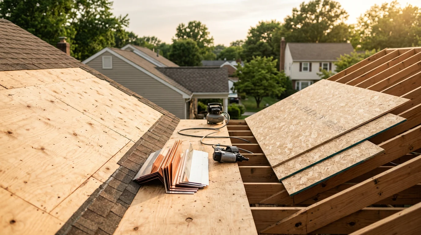 A completed roof replacement on a residential home in Maryland, showing a fully installed new roofing system with clean ridge lines and uniform coverage. A Consolidated Industries Inc crew works on a sloped Maryland home roof under clear skies.