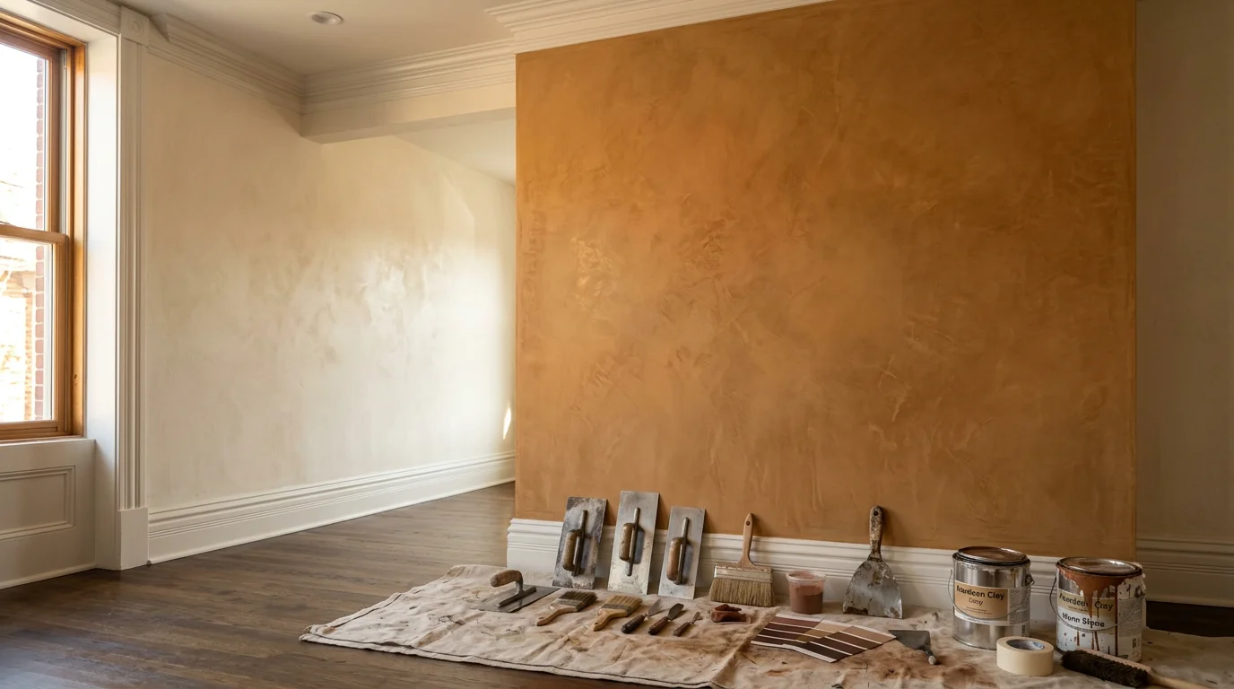 A Maryland interior wall with a layered Venetian plaster specialty finish showing visible depth and texture. The decorative surface contrasts with adjacent flat-painted trim in a residential living space.