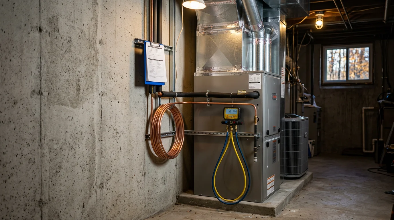 A licensed HVAC technician completing a full system replacement at a Maryland home, with new heating and cooling equipment installed in a utility area. The old unit has been removed and the new system is ready for operation.