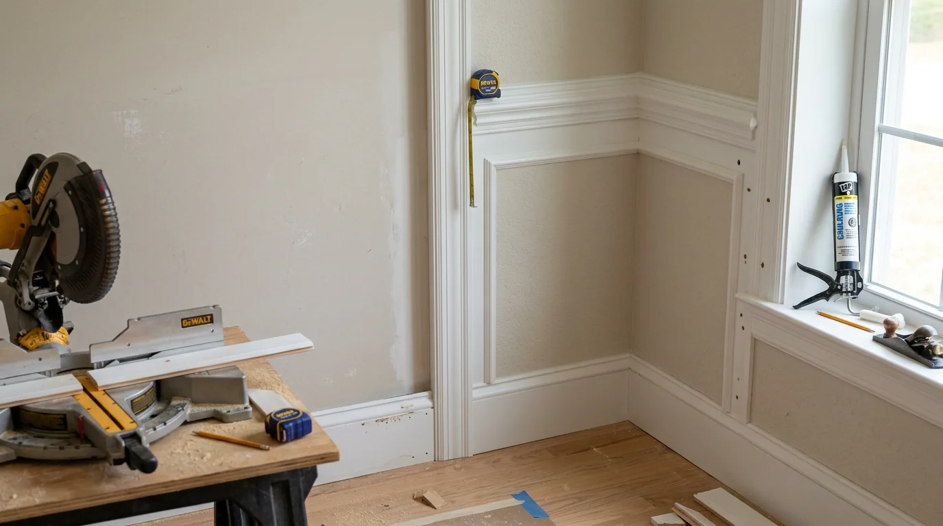 A licensed carpenter installing white baseboard trim along the base of a freshly painted wall in a Maryland home. Door casing and crown molding are visible in the background, showing a coordinated trim package throughout the room.