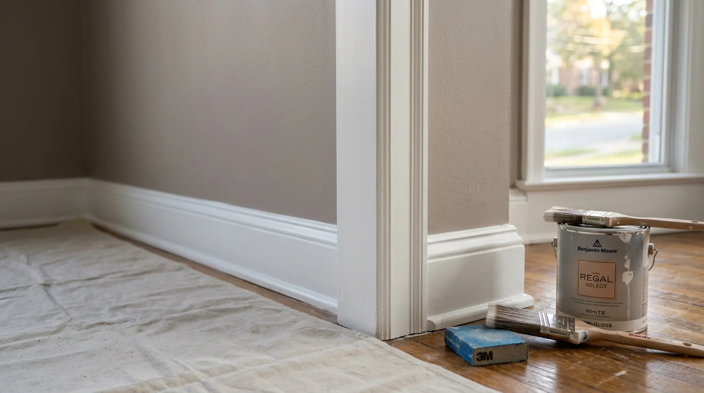 Freshly painted white trim along baseboards and door casings inside a Maryland home, showing clean edges where trim meets the wall and floor. Close-up view highlights smooth, even coverage on wood molding in a residential interior.
